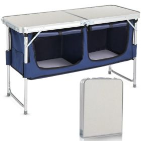 4FT Portable Folding Camping Table with Storage, Aluminum Outdoor Cooking Station with 2 Adjustable Legs, Blue (Option: Default Title)