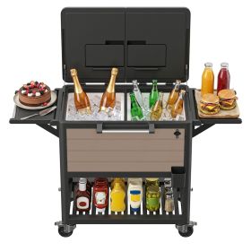 Rolling outdoor cooler cart equipped with dual side lids, foldable wing shelves and omnidirectional casters, with built-in bottle opener (Color: coffee)